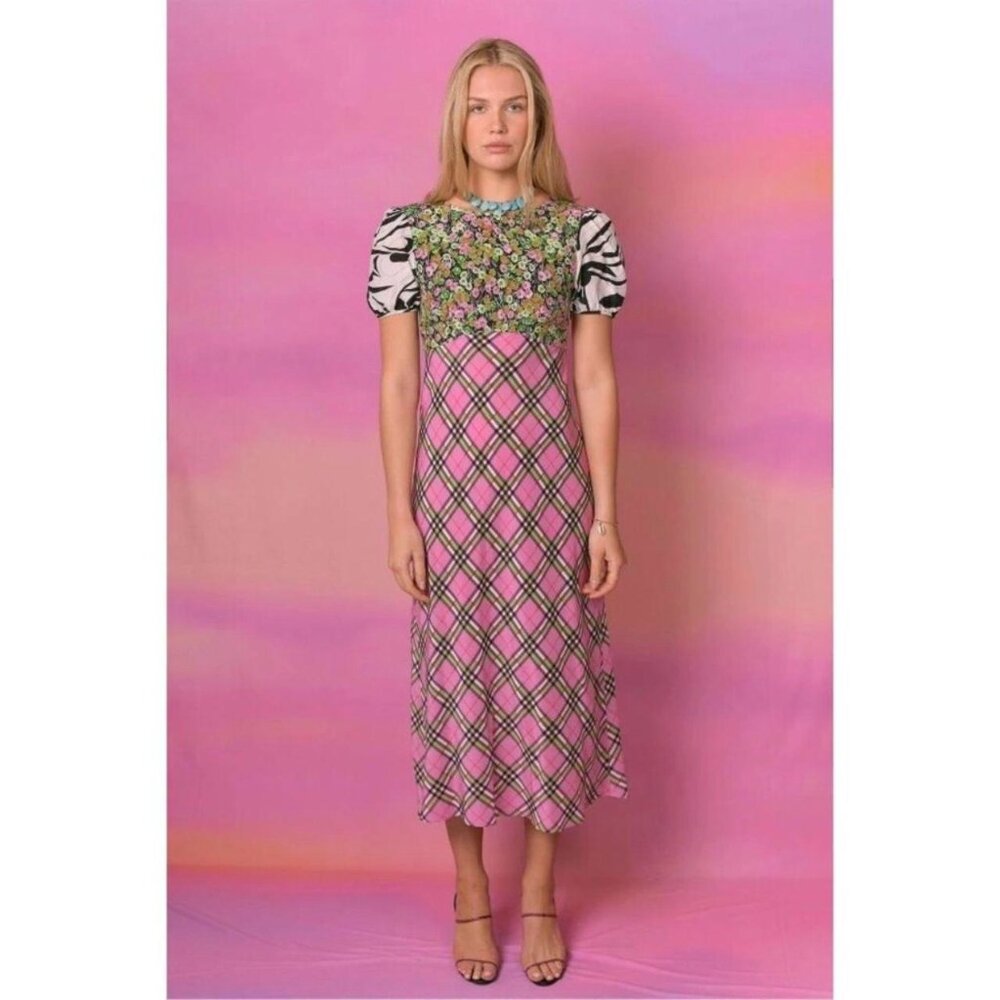 NWOT RIXO Silk Plaid Floral Swirls Puffed Short Sleeve Empire Waist Midi Dress